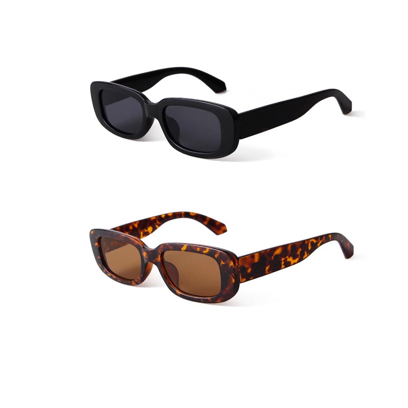 JUDOO Rectangle Sunglasses for Women Vintage Fashion Narrow Square Frame with UV400 Protection ((2 pack) Black+Tortoise Frame Brown Lens) - Image 1